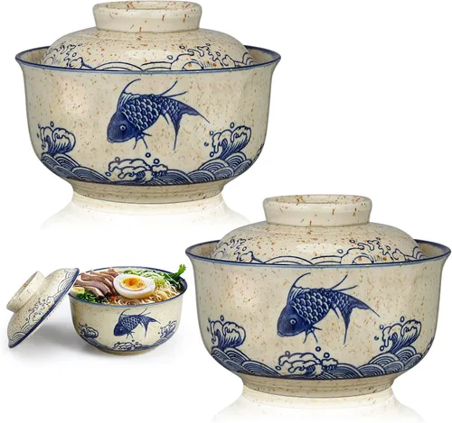 Vista 8 de SiliFine Juego de 2 cuencos de cerámica para ramen con tapa, olla de arcilla para microondas de 25 onzas, vajilla tradicional japonesa, olla