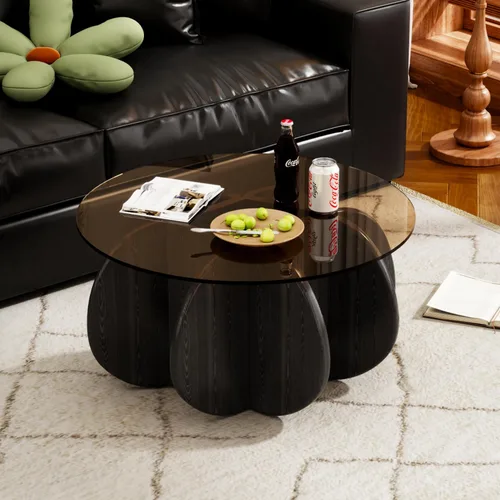 Vista 6 de Mesa de centro redonda de 31.5 pulgadas con parte superior de vidrio templado, mesa de cóctel moderna de mediados de siglo con base inspirada