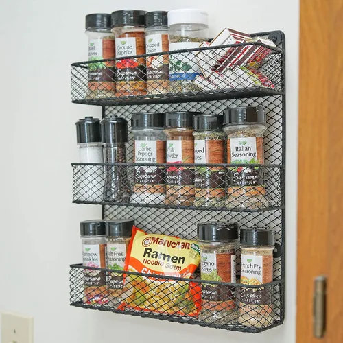 Vista 2 de Estante para especias de montaje en pared, estante organizador de almacenamiento de cocina de 3 niveles, diseño que ahorra espacio, incluye 2