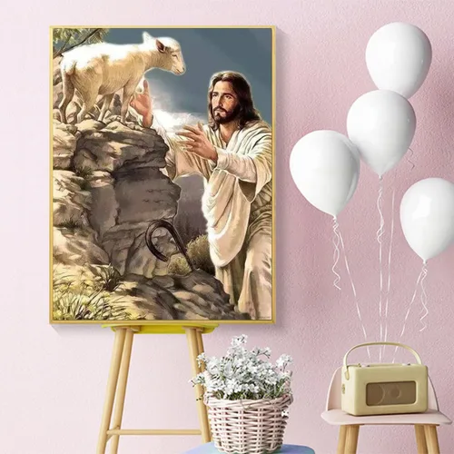 Vista 2 de UPABLUNSO Pintura de diamantes con diseño de pastor de animales y Jesús cristiano para adultos, kit de pintura de diamantes por números, arte