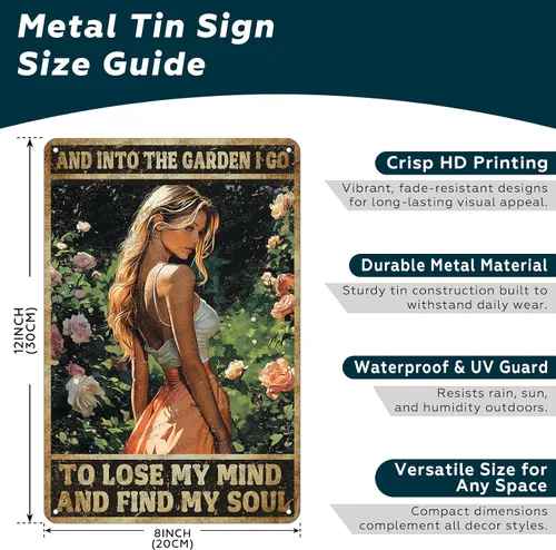 Vista 2 de Letrero de metal con texto en inglés «And Into the Garden I Go To Lose My Mind And Find My Soul For Mind», póster de hojalata para el hogar, hombre