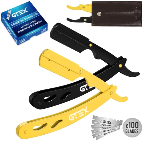 Vista 10 de 2 maquinillas de afeitar rectas para hombres (azul negro), 100 cuchillas GTEX de primera calidad (acero japonés) – Paquete de 2 maquinillas