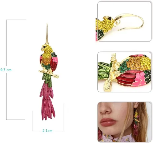 Vista 3 de Parrot Earrings for Women, Cute Bird Parrot Tassel Earrings for Girls, Rainbow Parrot Branch Dangle Earrings Hypoallergenic, Tropical Parrot Animal