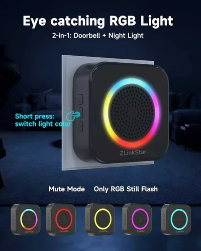 Vista 3 de Kit de timbre inalámbrico, timbre autoalimentado sin batería, rango de 600 pies, 63 campanas seleccionables, volumen ajustable con luz RGB, timbre