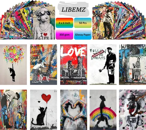 Vista 2 de Libemz, Bansky - Kit de collage estético de pared de 50 piezas, 4 x 6 pulgadas, graffiti indie, hippie, Trippy colorido, kit de collage de pared