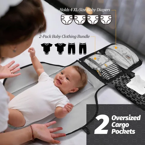 Vista 3 de Cambiador de pañales portátil, cambiador portátil con bolsillo para toallitas, cambiador de pañales impermeable, cambiador portátil para bebé, Negro