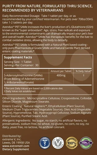 Vista 2 de Azendus Natural Pet SAM-e 400 mg, 30 unidades, tabletas con revestimiento entérico de fibra de butanodisulfonato.
