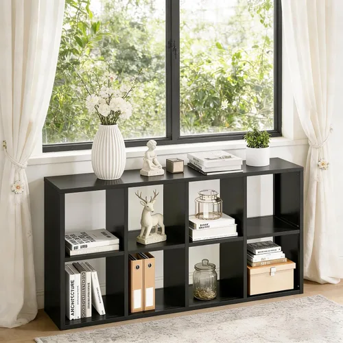 Vista 24 de Organizador de almacenamiento vertical de 2 cubos de metal, estantería corta negra con espalda abierta, estante de almacenamiento de cubo pequeño