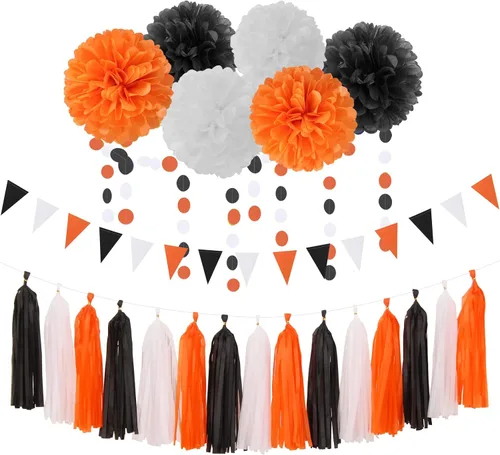 Vista 16 de Decoraciones de Fiesta de Halloween Negro-Morado Naranja Verde - 30 piezas Pompones de Papel Tissue, Serpentinas, Guirnalda de Borlas, Pancarta