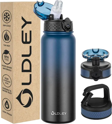 Vista 18 de Oldley Botella de Agua Aislada con Pajilla de 20oz, Botellas de Agua de Acero Inoxidable con 3 Tapas, Aislamiento al Vacío de Doble Pared Térmica
