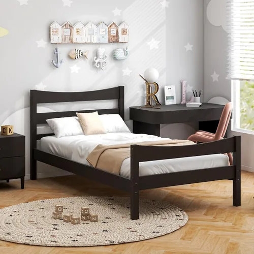 Vista 9 de Giantex - Marcos de cama individual de madera con cabecero, cama moderna con plataforma y soporte de listones de madera, espacio de almacenamiento