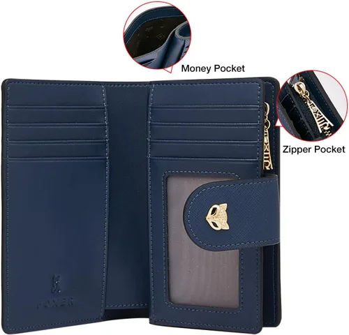 Vista 3 de FOXLOVER Carteras plegables para mujer con bloqueo RFID para regalo con cremallera para mujer Azul Moda