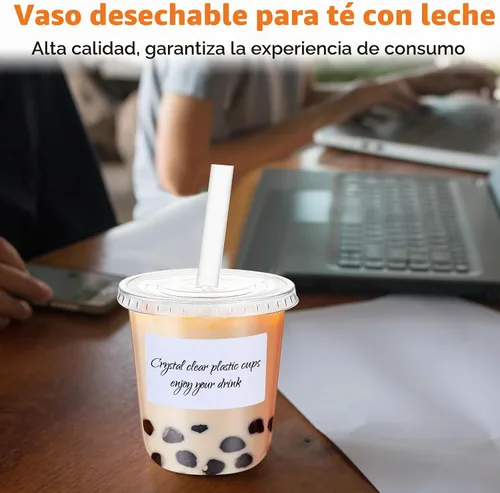 Vista 6 de Ziliny 25 juegos de vasos de plástico transparente con tapas, pajitas y pegatinas, vasos desechables de PET engrosado para café helado, té