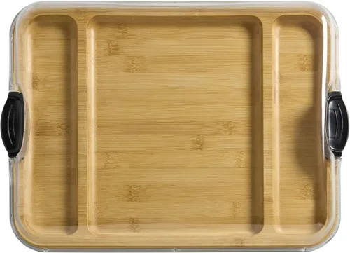 Vista 4 de FARBERWARE Tabla de cortar Build-a-Board con tres compartimentos y tapa de bloqueo transparente para charcutería, bocadillos y más, de acacia
