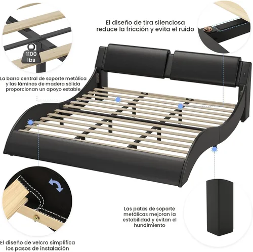 Vista 9 de DICTAC Base de cama King con puertos de carga y cabecero, base de cama de plataforma tamaño King con luces LED onduladas como curvas, soporte