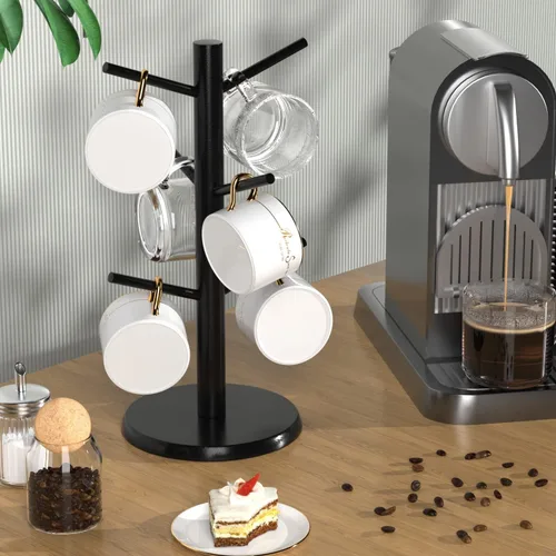 Vista 5 de Wisuce Árbol de taza de café negro, base gruesa de bambú actualizada, soporte para taza de café con 6 ganchos para soporte organizador de tazas