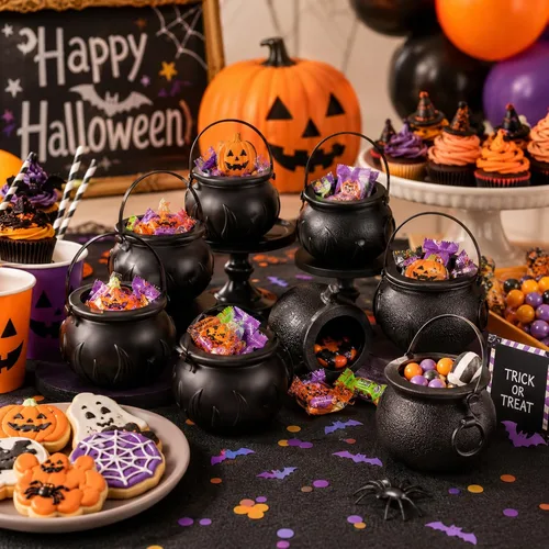 Vista 3 de LUOZZY 24pcs mini caldero de caramelo caldero Halloween caramelo cubo con mango decoración de fiesta de Halloween