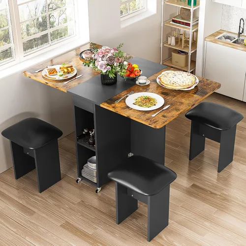 Vista 10 de furlinkhm Juego de mesa de comedor plegable para 4, mesa de comedor con 4 sillas y estantes de cuero, mesa de comedor plegable que ahorra espacio