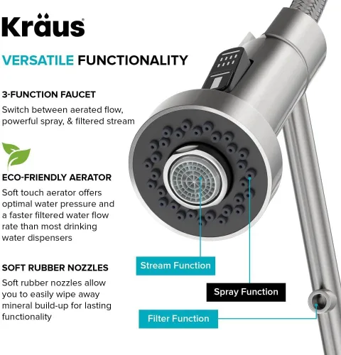 Vista 9 de Kraus Bolden 2-en-1 Grifo de cocina de estilo comercial con filtro de agua monomando extraíble para ósmosis inversa o sistema de filtración de agua