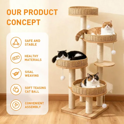 Vista 2 de Árbol moderno para gatos de interior para adultos, torre grande para gatos de 54 pulgadas de alto con poste rascador, árbol de madera para gatos