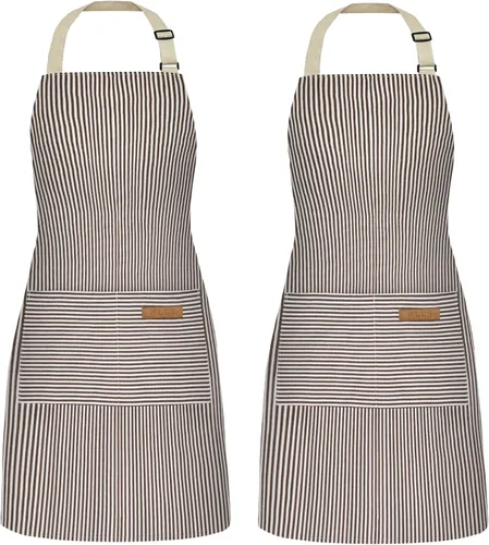 Vista 25 de NLUS Paquete de 2 delantales de cocina ajustables con babero, delantal de chef suave con 2 bolsillos para hombres y mujeres (rayas negras)