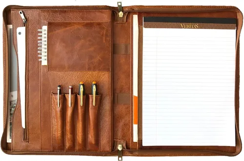 Vista 13 de Cartera de piel auténtica, con cremallera para hombres, carpeta de cuero para bloc de notas tamaño carta, cartera para mujeres, organizador de Cera