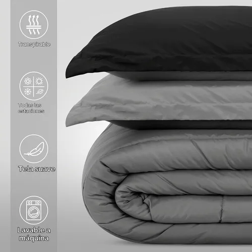 Vista 2 de Utopia Bedding - Juego de edredón reversible para todas las estaciones en negro y gris con 2 fundas de almohada, juego de ropa de cama de microfibra