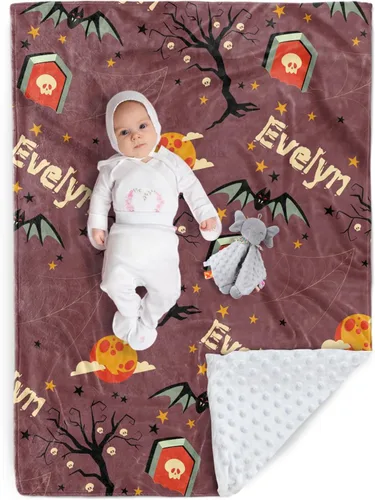 Vista 20 de Manta de Halloween personalizada, diseños de dibujos animados con nombre personalizable, manta de franela de felpa suave con respaldo punteado