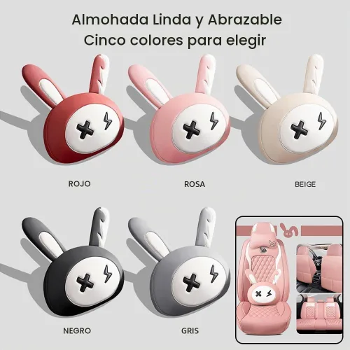 Vista 6 de Juego de fundas para asiento de lindo conejito, 5 piezas con cuero PU impermeable para autos, SUV, camionetas, ajuste universal (Beige)