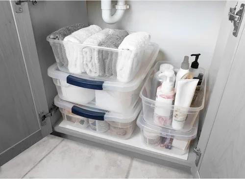 Vista 5 de Rubbermaid Cleverstore - Paquete de 6 recipientes de plástico apilables transparentes de 41 cuartos de galón con tapas transparentes de cierre