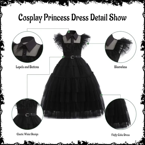 Vista 4 de Wednesday Addams - Vestido para niños y niñas, disfraz de fiesta familiar Addams, uniforme de academia, vestidos de baile, vestido de fiesta