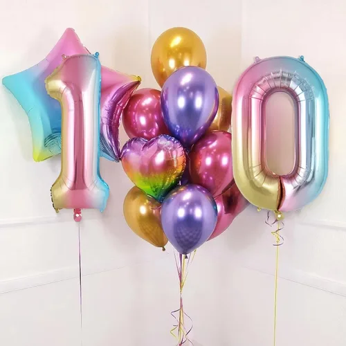 Vista 2 de Globo de número 0 con degradado de arcoíris, globos grandes de aluminio de 40 pulgadas, globos gigantes de Mylar número 0 para decoraciones