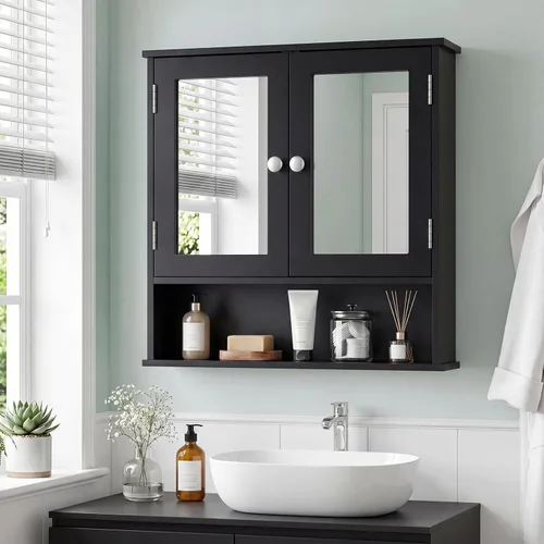 Vista 2 de GLACER - Armario de pared de baño moderno con espejo y estante ajustable Negro