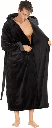 Vista 2 de iniber Bata con capucha para hombre, suave y ligera, de felpa, cálida y larga, con bolsillos