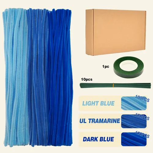 Vista 2 de URSDIART 311 piezas de limpiapipas azules para manualidades - Kit de fabricación de flores de tallos de felpilla, alambre grueso y esponjoso