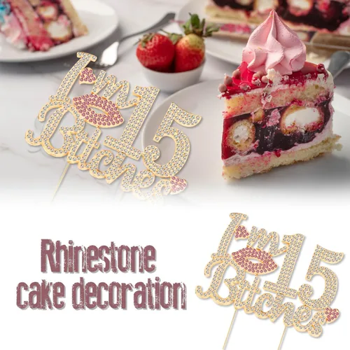 Vista 3 de ¡Soy el topper de pastel de cumpleaños número 15 divertido en oro y rosa con strass - ¡Feliz cumpleaños número 15, saludos a los quince años!