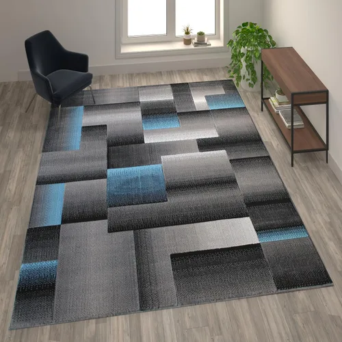 Vista 30 de Flash Furniture Elio Collection - Alfombra de área con patrón de bloques de color, alfombra de olefina azul de pelo alto, alfombra de área de 2 x 3