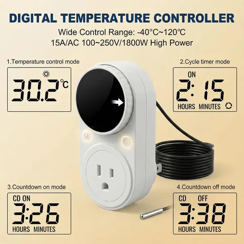 Vista 4 de MakerHawk Controlador digital de temperatura, controlador de termostato de 1800 W, 120 V, 15 A, botón giratorio, ajuste de botón de calefacción