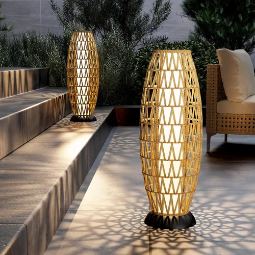 Vista 12 de Solar Yard Lámpara de pie para exteriores, luces de patio, farol con energía solar, resistente a la intemperie, luces de mimbre para terraza