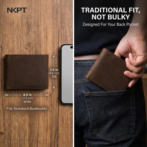 Vista 9 de Billetera plegable de cuero RFID premium para hombre Cuero de grano completo, protección RFID, Marrón (Chestnut Brown), Talla única, Minimalista