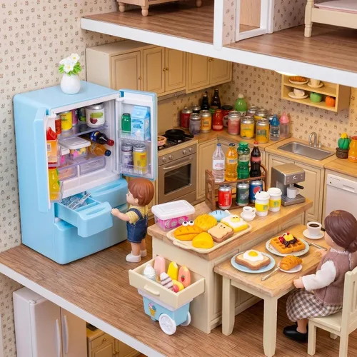Vista 6 de Dollhouse - Mini refrigerador de juguete con 90 piezas de mini juego de jugo de helado de comida, juguete de nevera en miniatura para casa