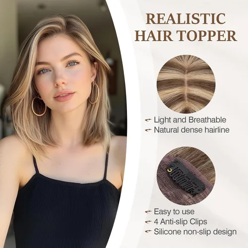 Vista 11 de Rich Choices Pelucas con topper de cabello para mujeres, cabello humano real 100% Remy, sin flequillo, para mujeres con adelgazamiento en la parte