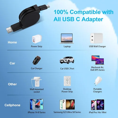 Vista 7 de Cable USB C, paquete de 3.3 pies de cargador retráctil de coche para iPhone 17e 17 Air 17 Pro 17 Pro Max 16e/16 Pro/16 Pro Max/16 Plus/16/15, cable