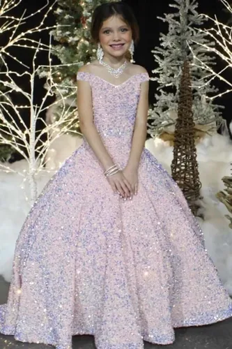Vista 3 de Vestidos de lentejuelas con hombros descubiertos para boda, vestidos brillantes para concursos, vestido de baile, vestido de princesa para niños