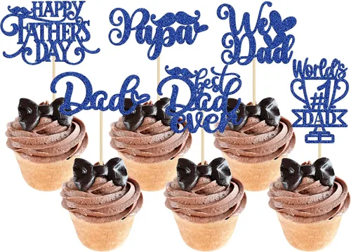 Vista 20 de 24 adornos para cupcakes con temática de sombrero para el Día del Padre, con purpurina azul, mejores selecciones de cupcakes para papá, decoraciones
