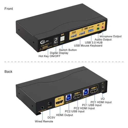 Vista 5 de Conmutador KVM USB 3.0 de 2 puertos HDMI 2.1 8K@60Hz 4K @144Hz con audio, salida de micrófono y cables compatible con conmutación de teclas