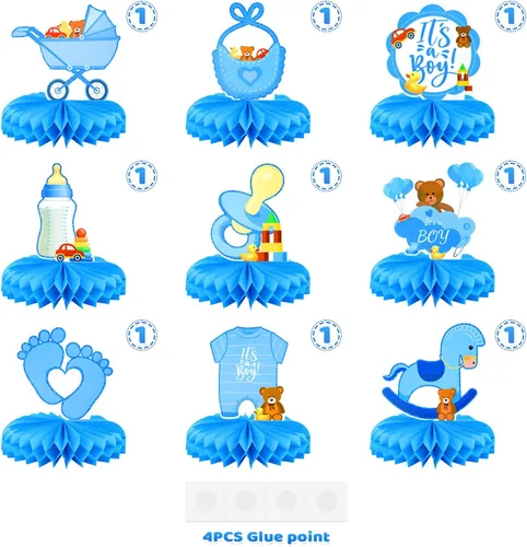 Vista 11 de 9 piezas de centros de mesa con temática de panal de abeja, decoración de mesa de panal azul, decoración de mesa para niños, decoración de mesa
