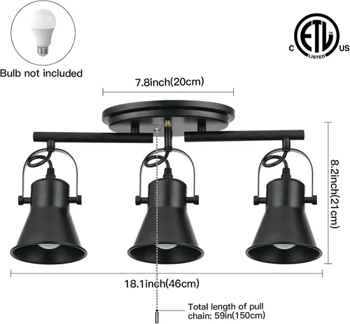 Vista 2 de Iluminación de pista de 3 luces con cadena de tracción, lámpara de techo ajustable negra, accesorios de iluminación de pista giratoria para cocina