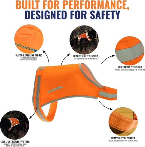 Vista 7 de Chaleco naranja Blaze para perro, edición Lite. Chaqueta reflectante para perro de alta visibilidad con cobertura de espalda media. Chaleco de caza