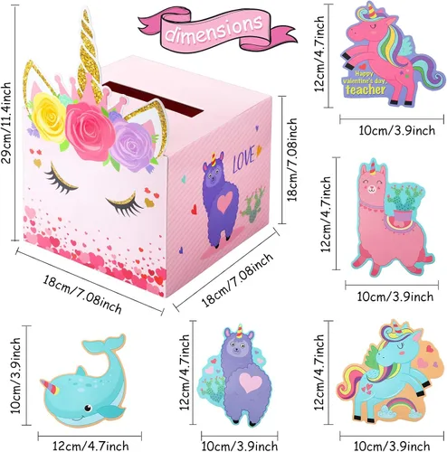 Vista 2 de Zonon Buzón de San Valentín, tarjetas de unicornio para el día de San Valentín, regalos con sobres y calcomanías para intercambio en el aula
